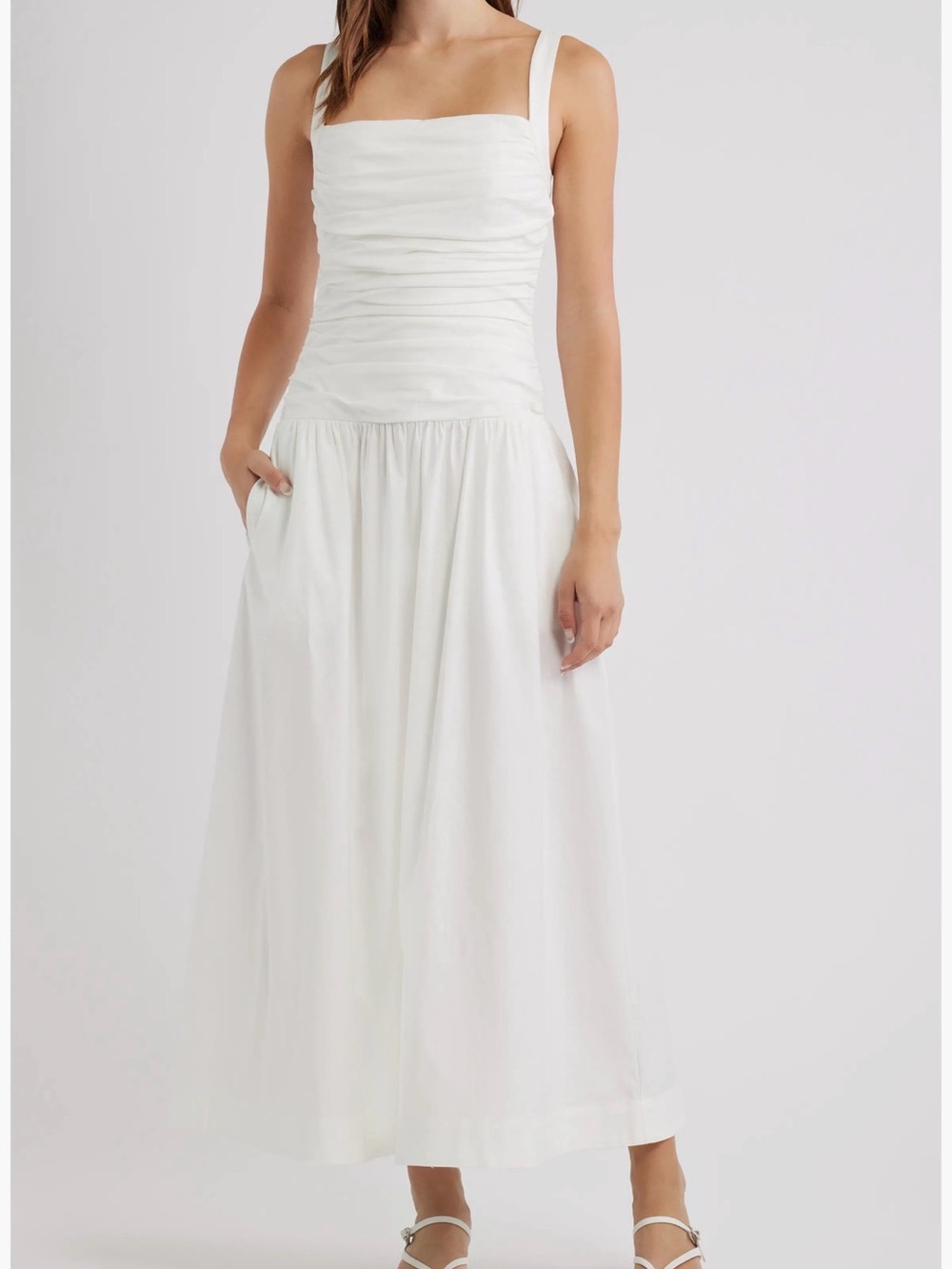 Reformation White Square-Neck Ruched Maxi Dress